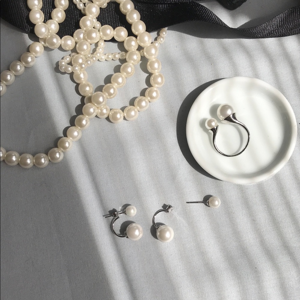 925 sterling silver double pearl open ring